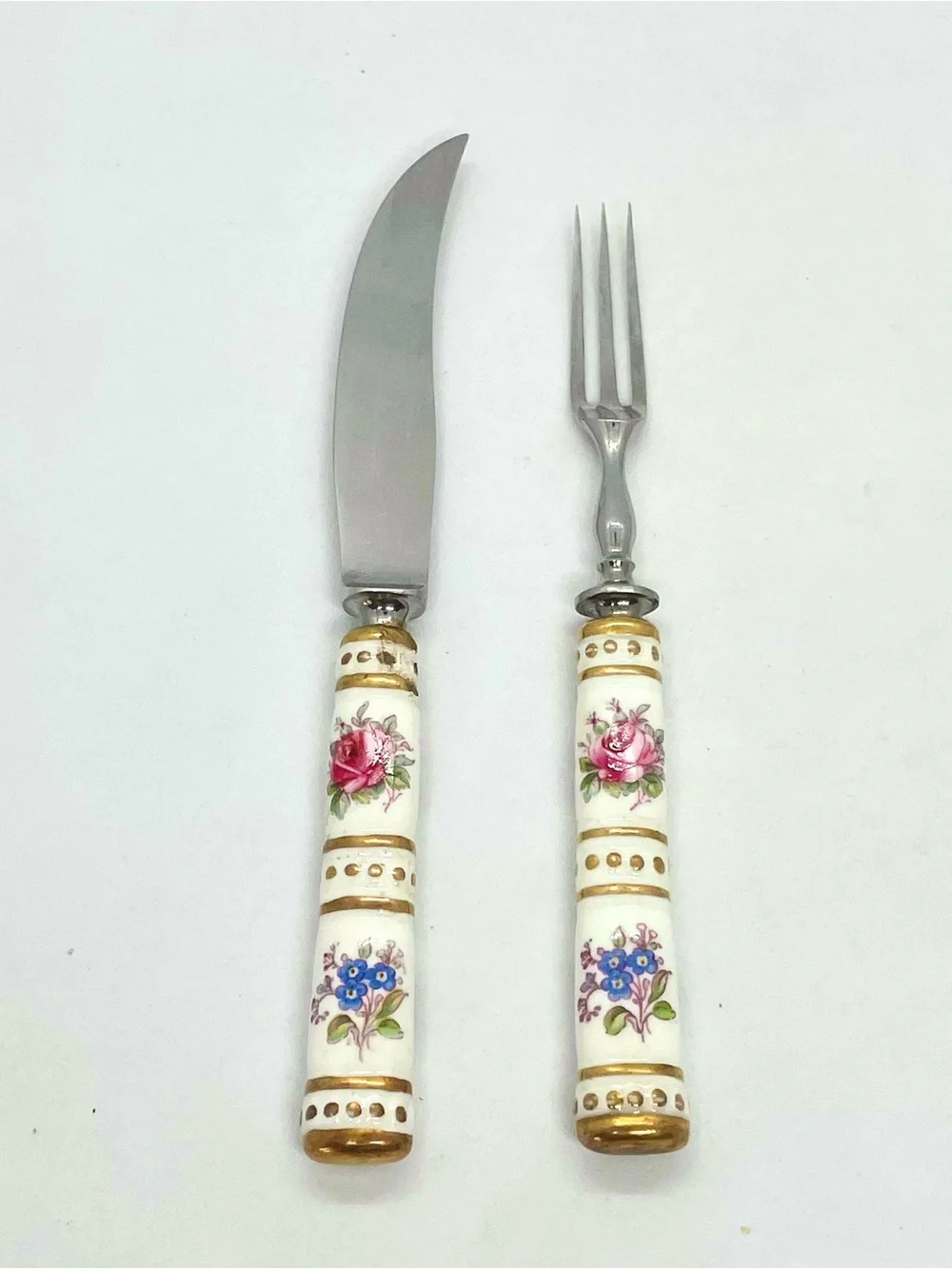 ⁠Royal Crown Derby Posies Fruit Knife Fork Set Gold Accents Porcelain Handle VTG